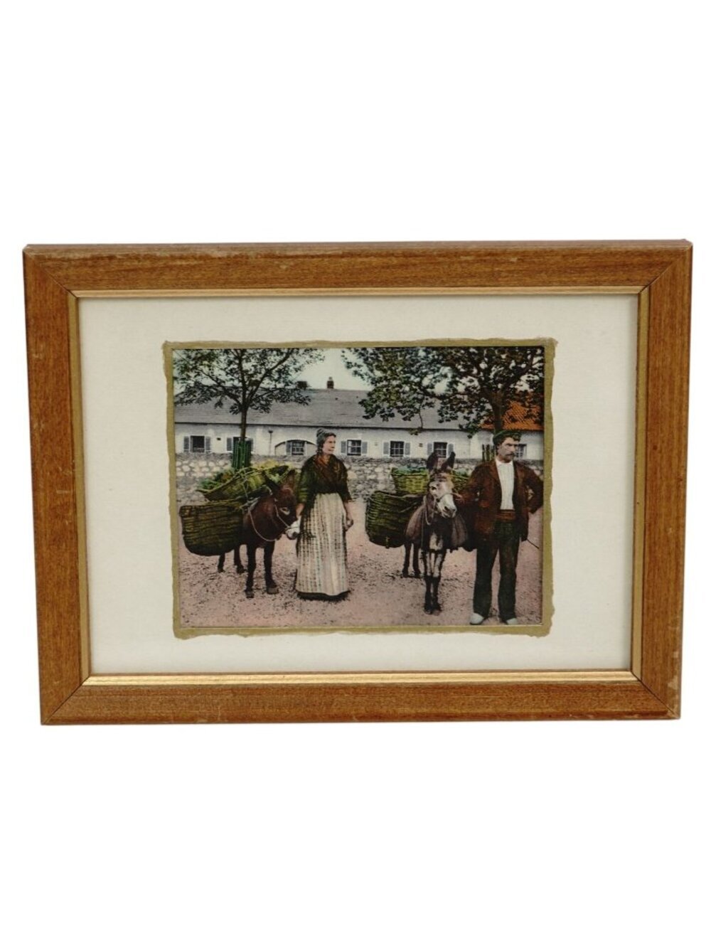 Vintage Print Wood Framed Couple w/ Donkeys Postcard Art Wall Decor 5.75"x 7.75"